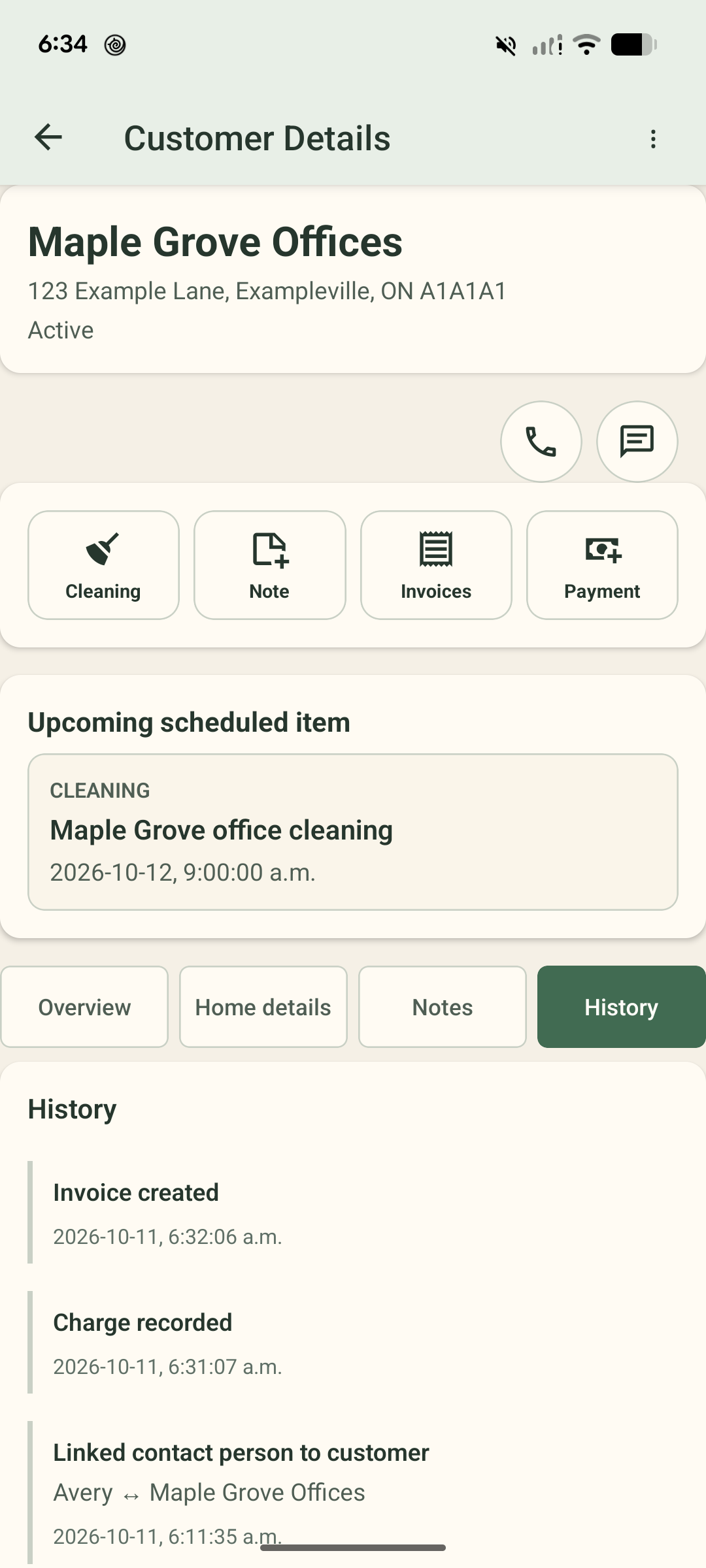 Maple Grove Offices fictional customer record showing the next cleaning visit and invoice and charge history in the Android beta.