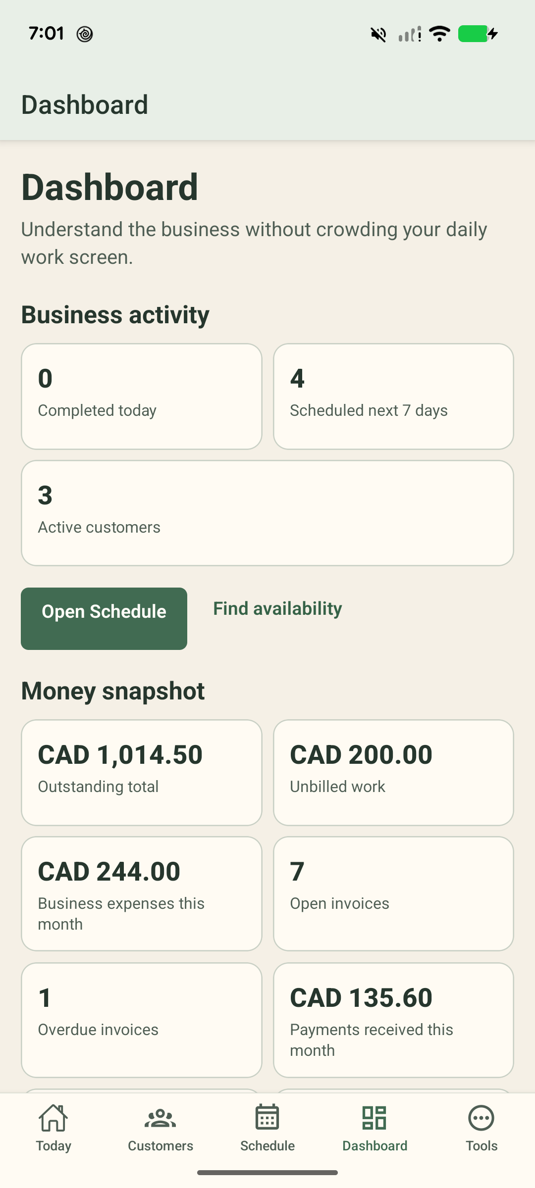 Android beta dashboard with fictional demo totals: four upcoming jobs, three active customers, CAD 1,014.50 outstanding across seven open invoices and CAD 244 in expenses.