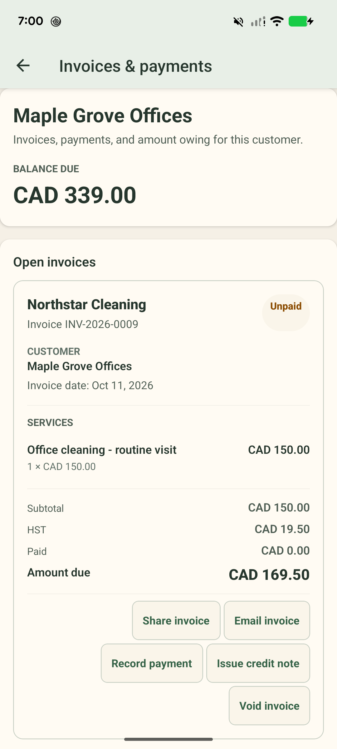 Northstar Cleaning invoice INV-2026-0009 for fictional customer Maple Grove Offices: CAD 150 service plus CAD 19.50 HST, CAD 169.50 due on this invoice; the customer's total balance is CAD 339.00.