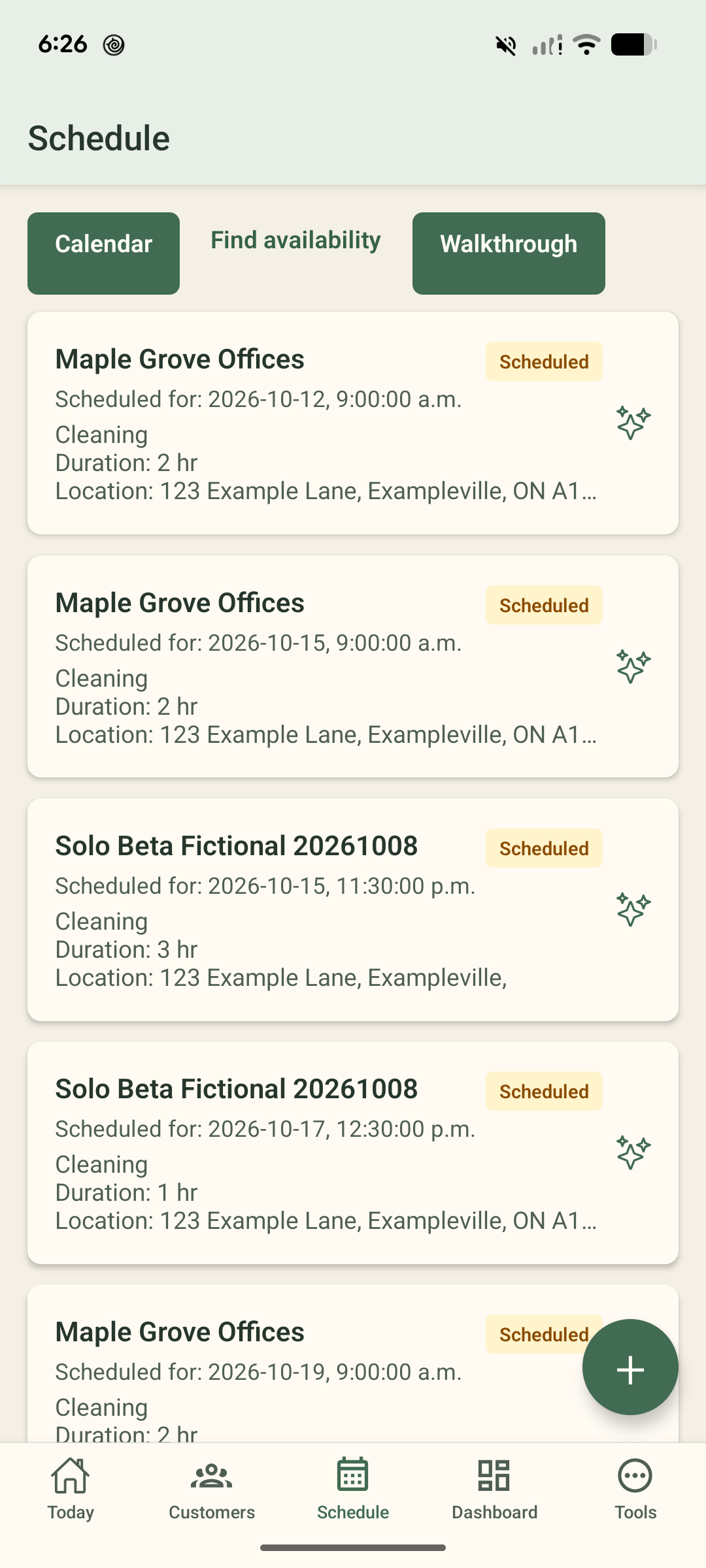 BizStead Android schedule showing upcoming Maple Grove Offices cleaning visits and other fictional demo jobs.